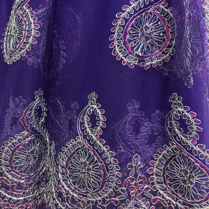 Purple Pink Silver Shimmering Net Embroidered Beaded Sheer Large Fabric