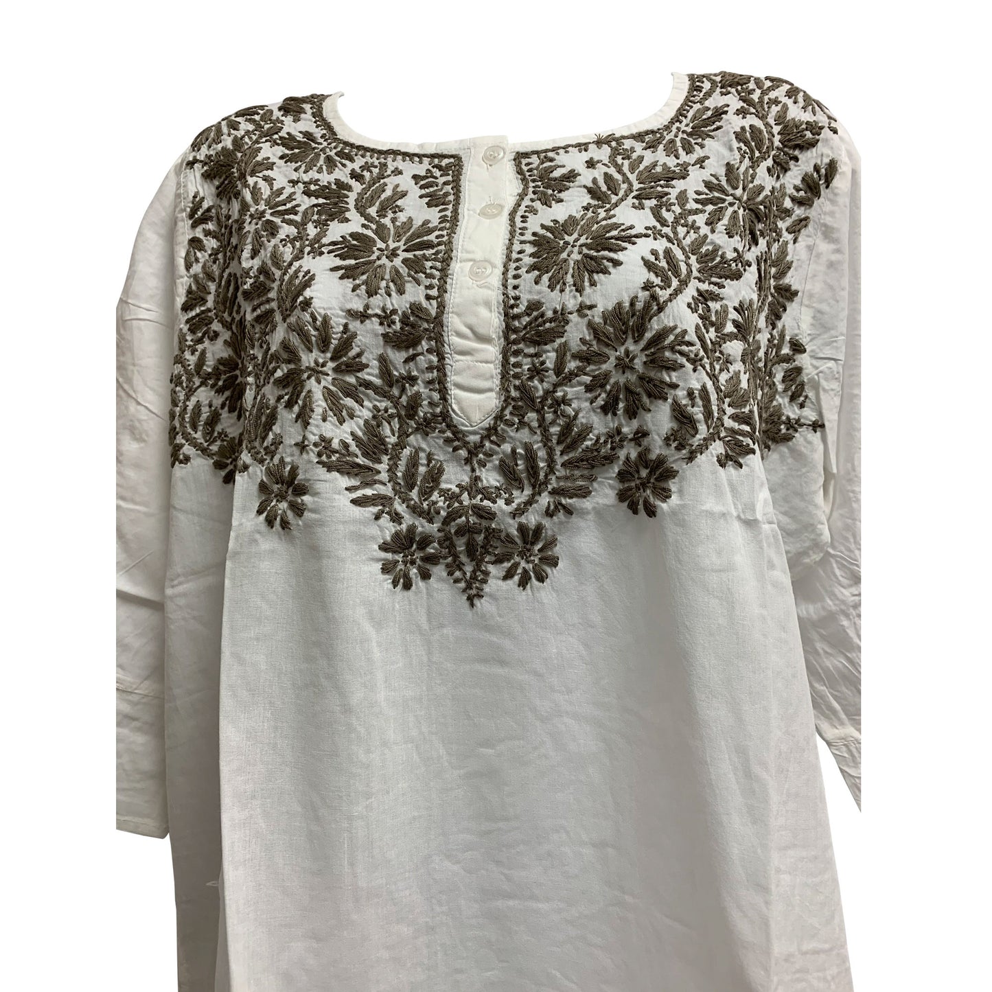 Indian Classic pure Cotton Hand Embroidered Long Sleeve White Tunic Kurti boho Blouse #17