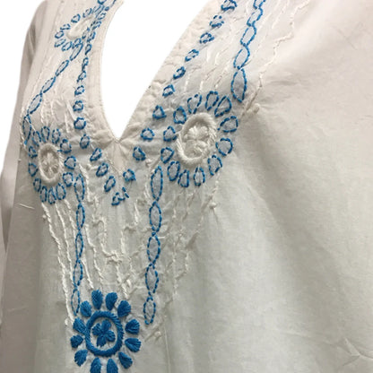 White Hand Embroidered Indian Ethnic Classic Cotton Split V neck Long Sleeve Long Tunic Blouse Top