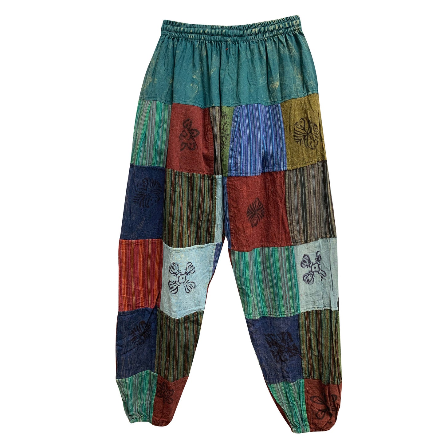 Unisex Boho Bohemian Hippie Festival Rave Yoga Ethnic Print Patchwork Stonewashed Cotton Trouser Pants