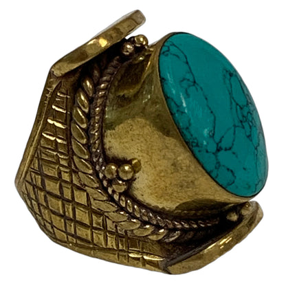 Tibetan Tribal Vintage Turquoise Gold Tone Brass Ring