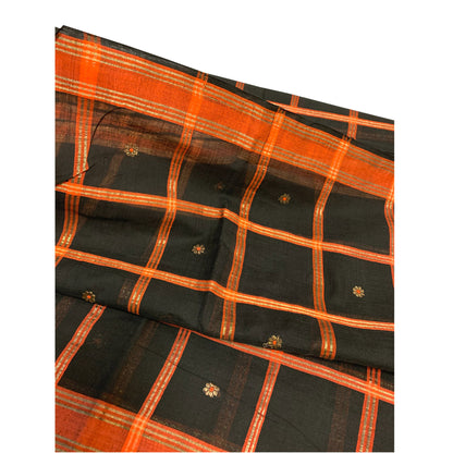 Vintage Hand Woven Soft Cotton  Black with Orange Zari Border 5 1/2yd Fabric Saree Sari