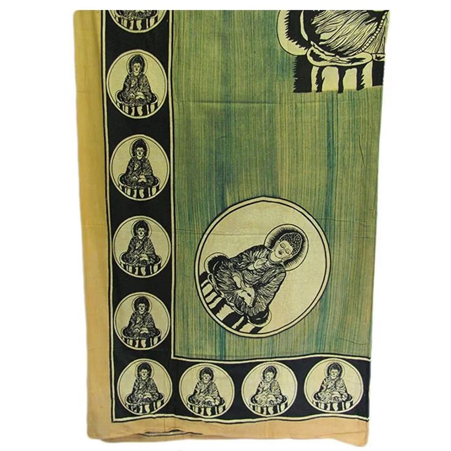 Buddha Meditation Yoga Indian Cotton Handbrush Painted Olive Green and Black Bohemian Bedspread Tapestry Wall Hanging Throw (70" x 104")