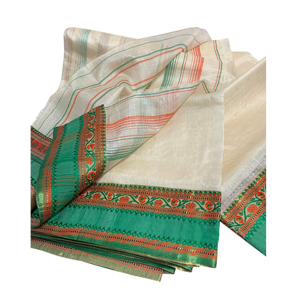 Vintage Hand Woven Cotton Silk With Cream & Green Zari Border 5 1/2yd Fabric Kalamkari Saree Sari