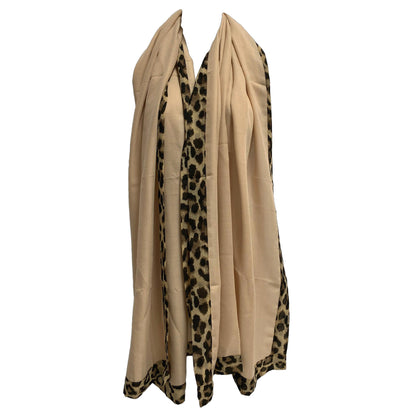 Leopard Print Border Soft Cotton Blend Large Fashion Shawl Wrap Scarf