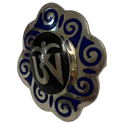 Black & Lapis Enamel MINAKARI Yoga Meditation Om/Ohm Silver-Tone White Metal Ring