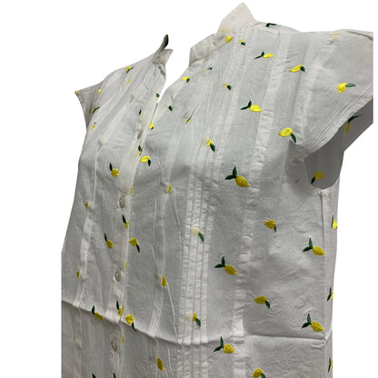 White Green Yellow Leaf Pattern Gauze Cotton Buttoned Up Short Sleeve Blouse Top