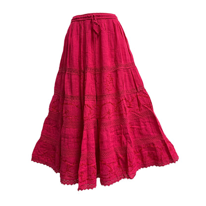 Womens Plus Size Three-Tier Bohemian Gauze Cotton Long Skirt Embroidered Skirt Boho solid color plain Maxi Skirt