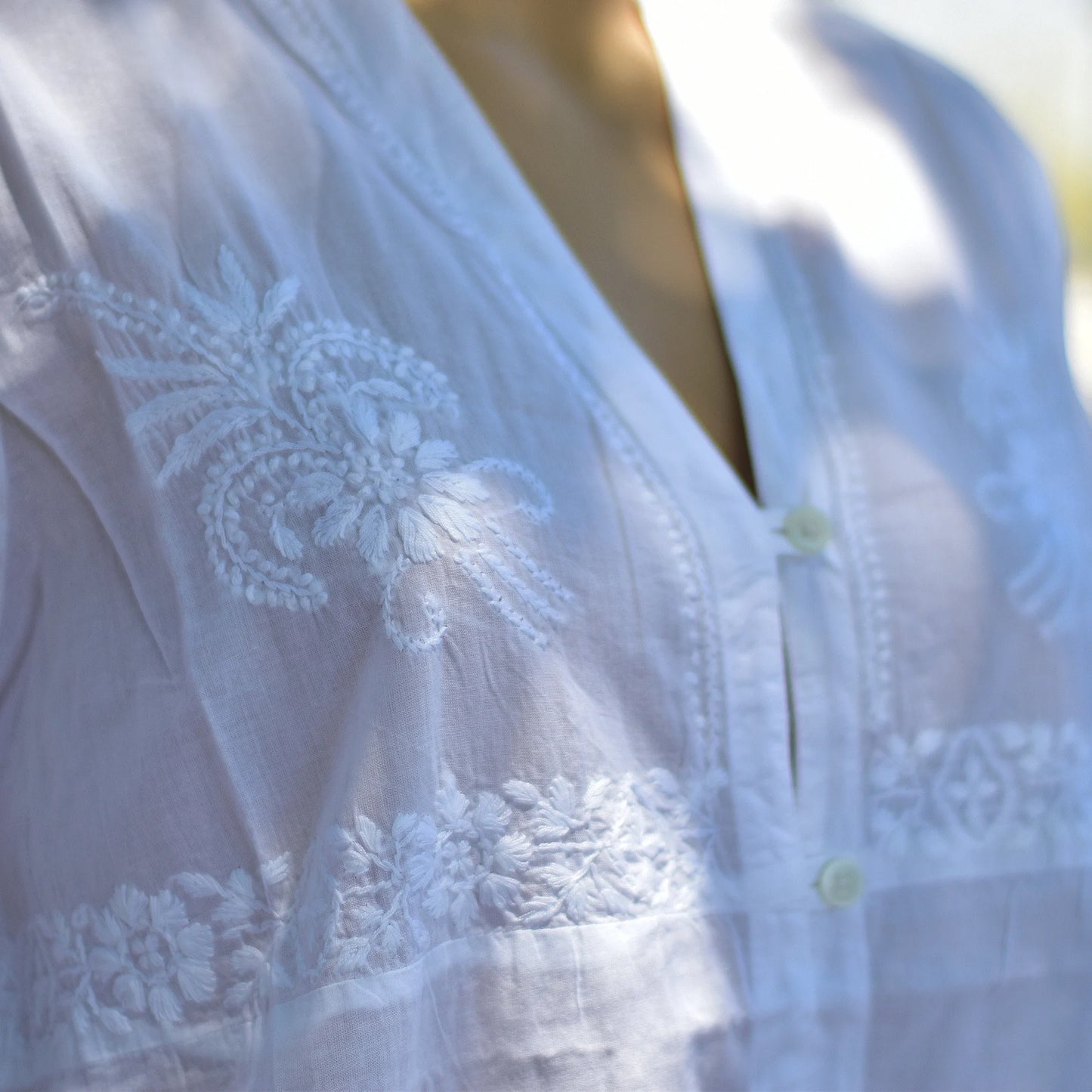 White Indian pure Cotton Hand Embroidered boho Long Tunic Dress Blouse #14