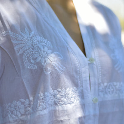 White Indian pure Cotton Hand Embroidered boho Long Tunic Dress Blouse #14