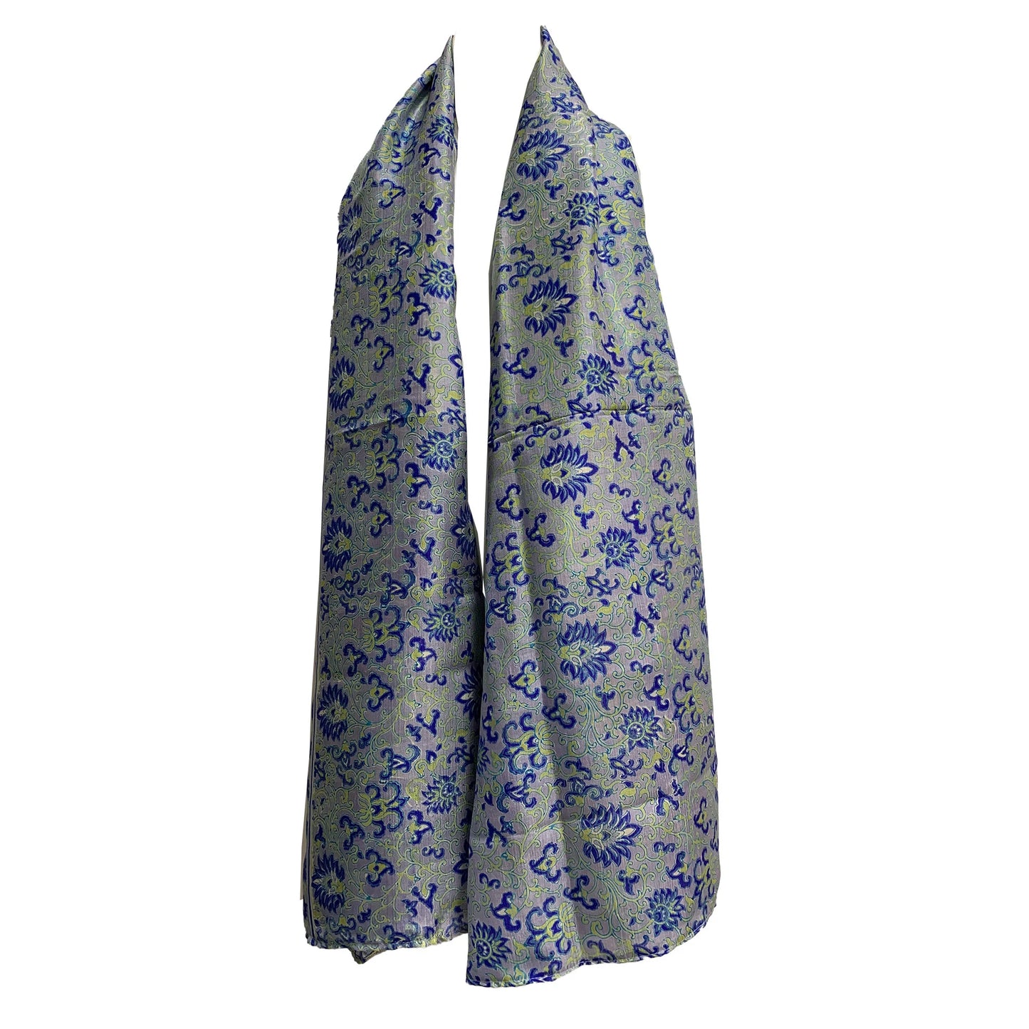 Ethnic India Boho Vintage Pure Silk Blue Floral Paisely Print Shawl Wrap Large Scarf