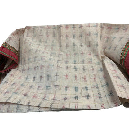 Vintage Hand Woven 100% Pure Cotton With Cream & Red Zari Border 5 1/2yd Fabric  Kalamkari Saree Sari