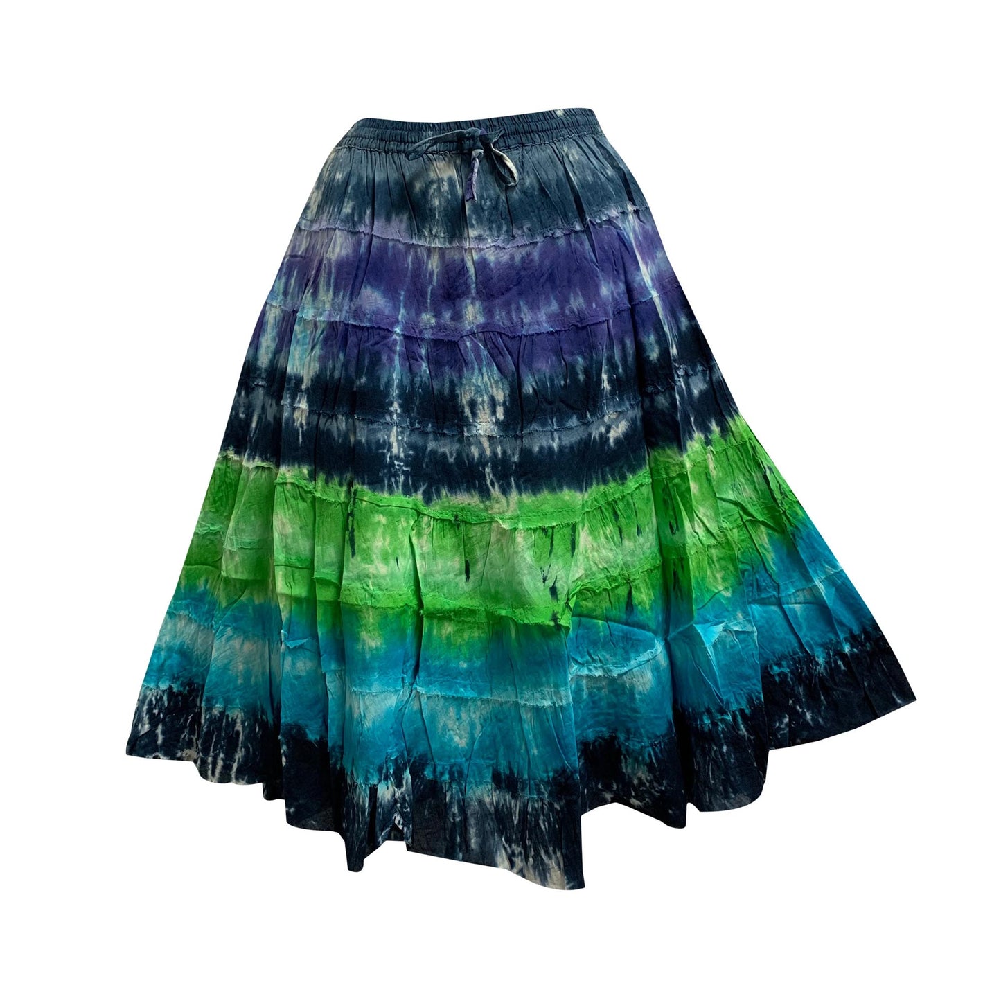 Bohemian Crinkled Gauze Cotton Mid Length Broomstick Skirt Ombre Tie Dye Mini skirt.Knee Length skit.