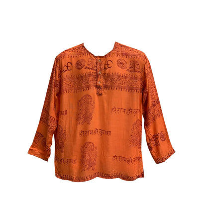 Boho Bohemian Unisex Long Sleeve Hippie Mantra Indian Ethnic Print Block Print Kurta Top Mens shirt. Womens loose fit shirt.