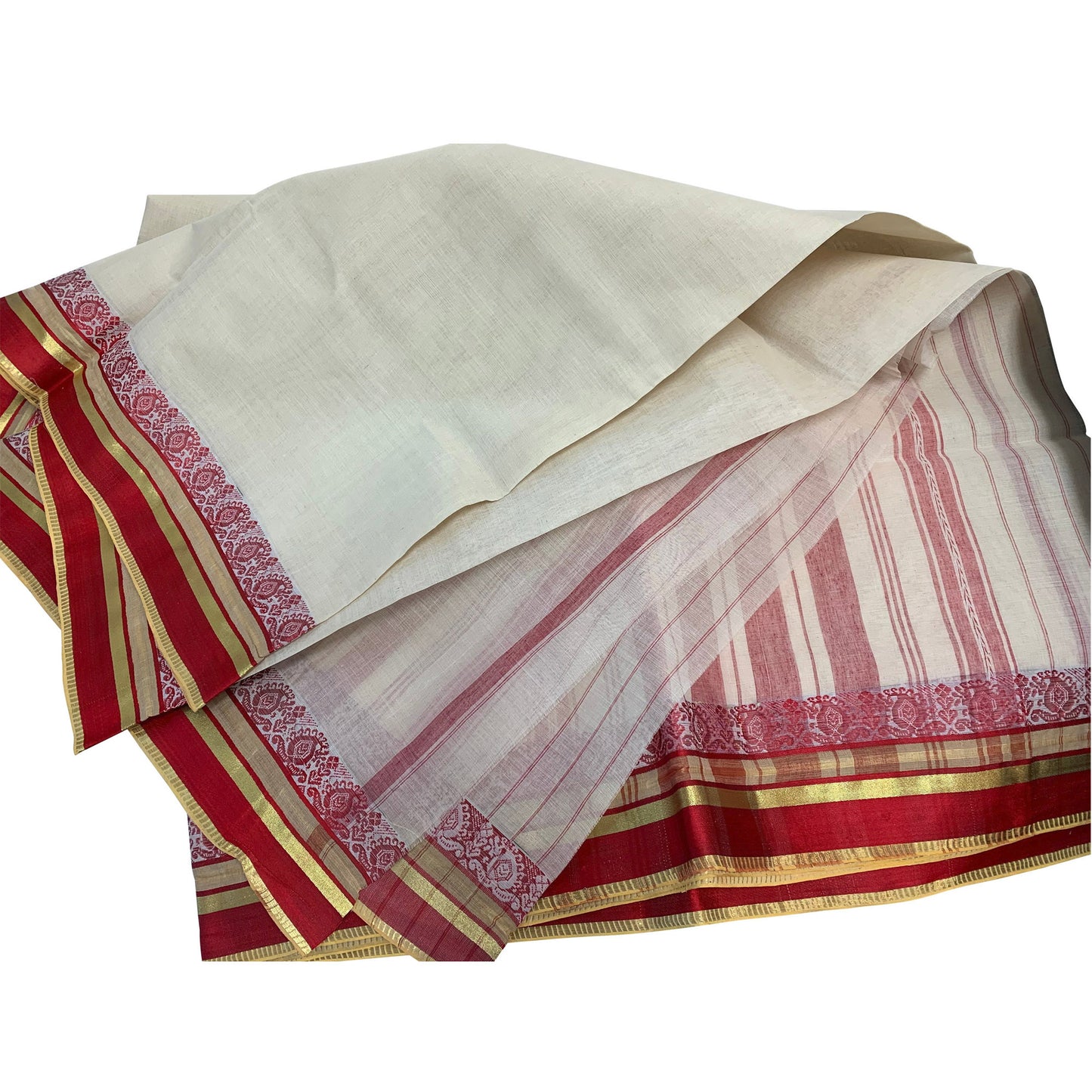 Vintage Hand Woven 100% Pure Cotton With Gold & Red Zari Border 5 1/2yd Fabric Kalamkari Saree Sari