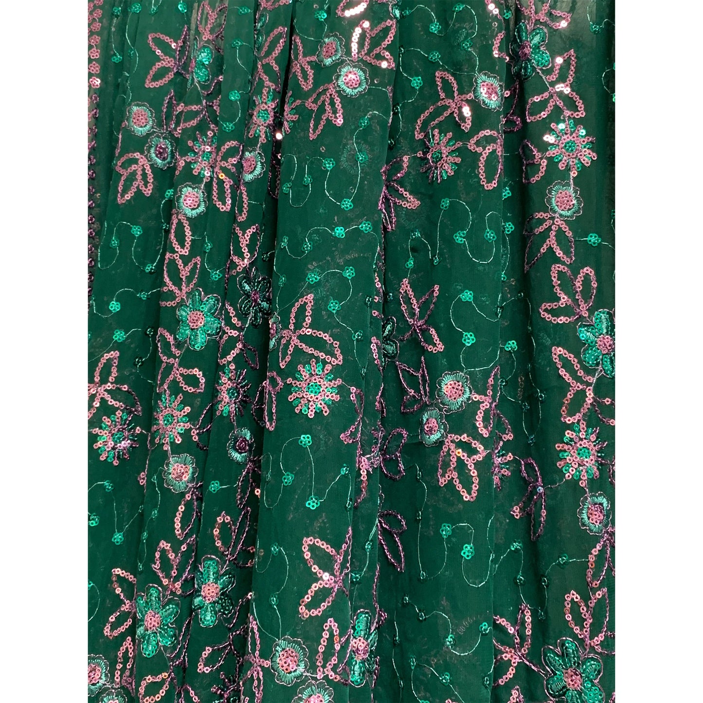 Bohemian Forest Green & Pink Georgette Saree Sari Shimmering Sequin Embroidered Fabric Shawl