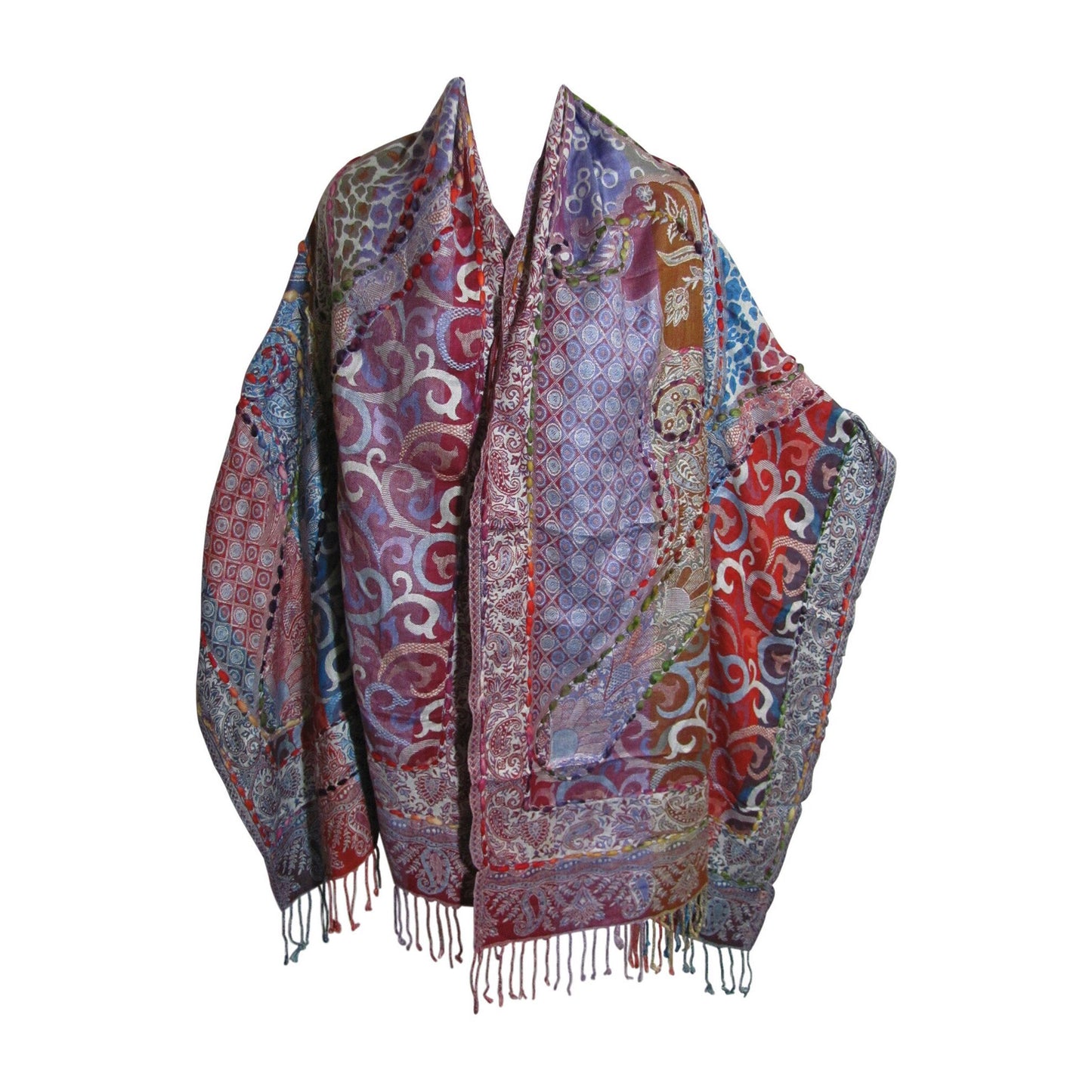 Indian Ethnic Paisley Hand-Embroidered Silky Reversible Pashmina Shawl Stole Scarf SONALI