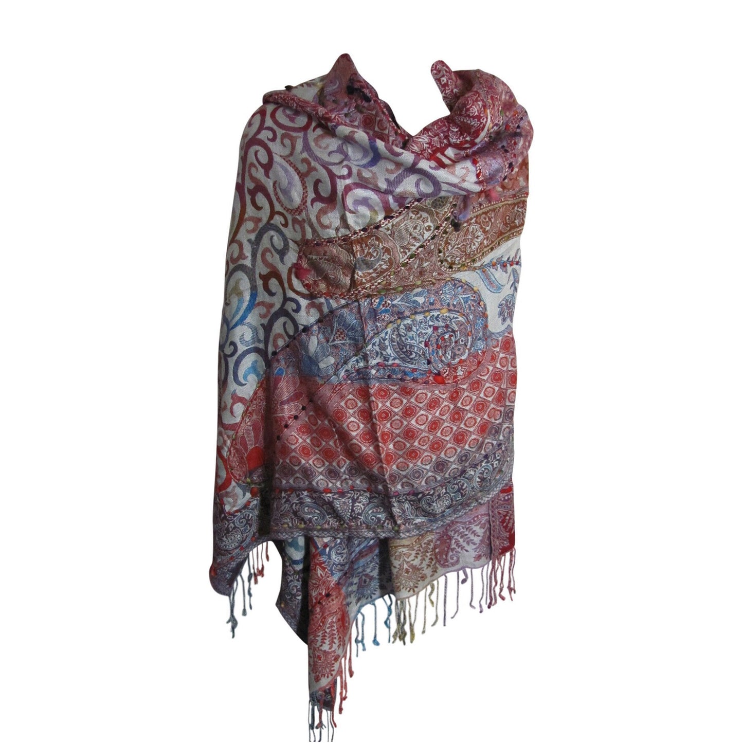 Indian Ethnic Paisley Hand-Embroidered Silky Reversible Pashmina Shawl Stole Scarf SONALI