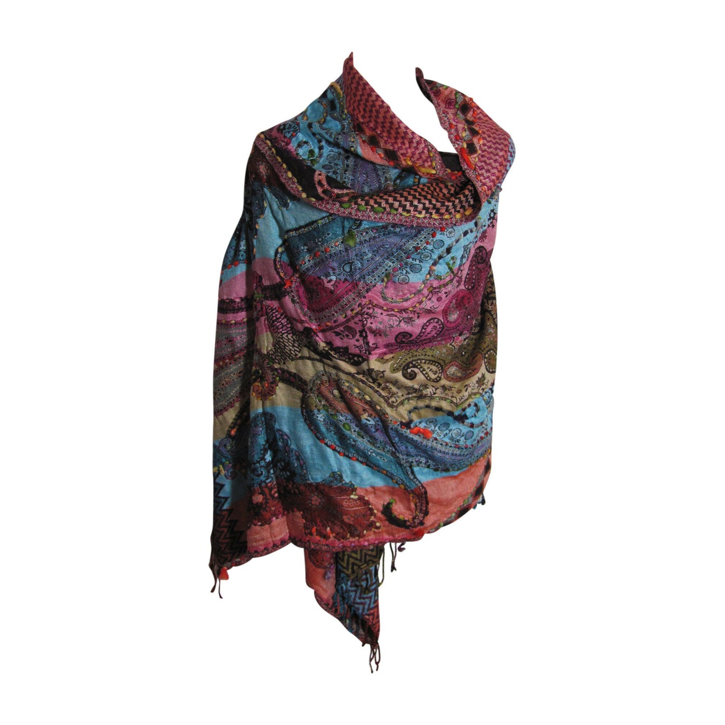 Indian Ethnic Paisley Hand-Embroidered Silky Reversible Pashmina Shawl Stole Scarf SONALI