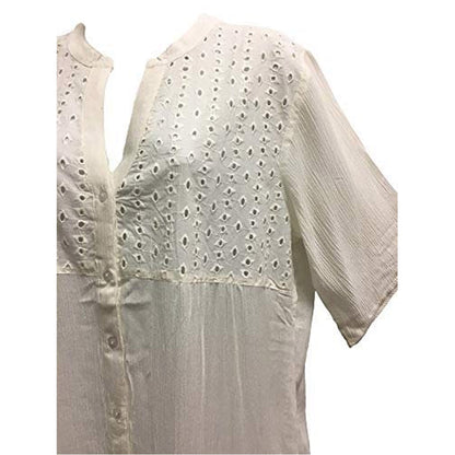 Women's Embroidered Eyelet Button-Down Short Sleeve Long Shirt Tunic Cardigan Dress White