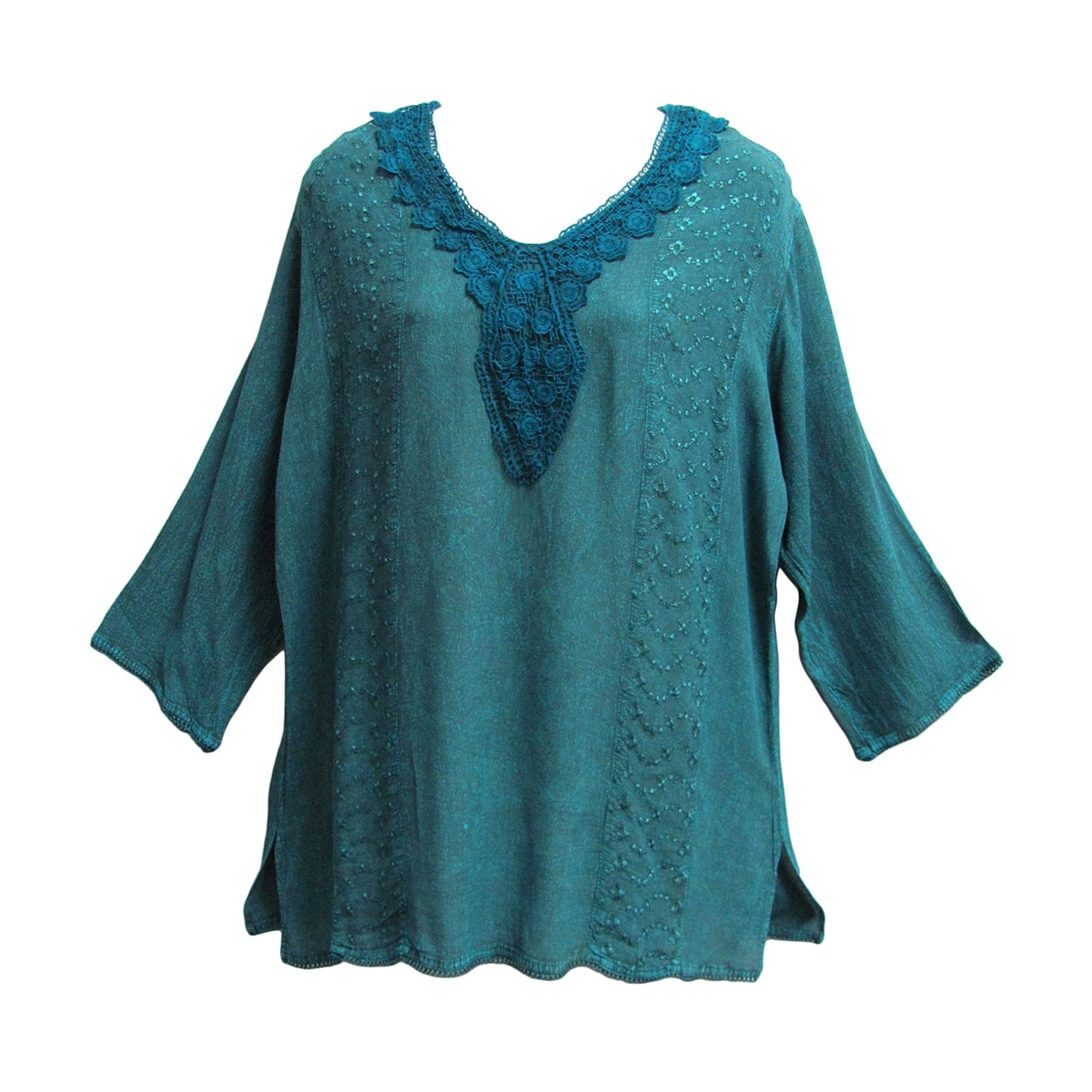 Women's Indian Bohemian Embroidered Stonewashed Vintage Style 3/4 Sleeve Lace Blouse