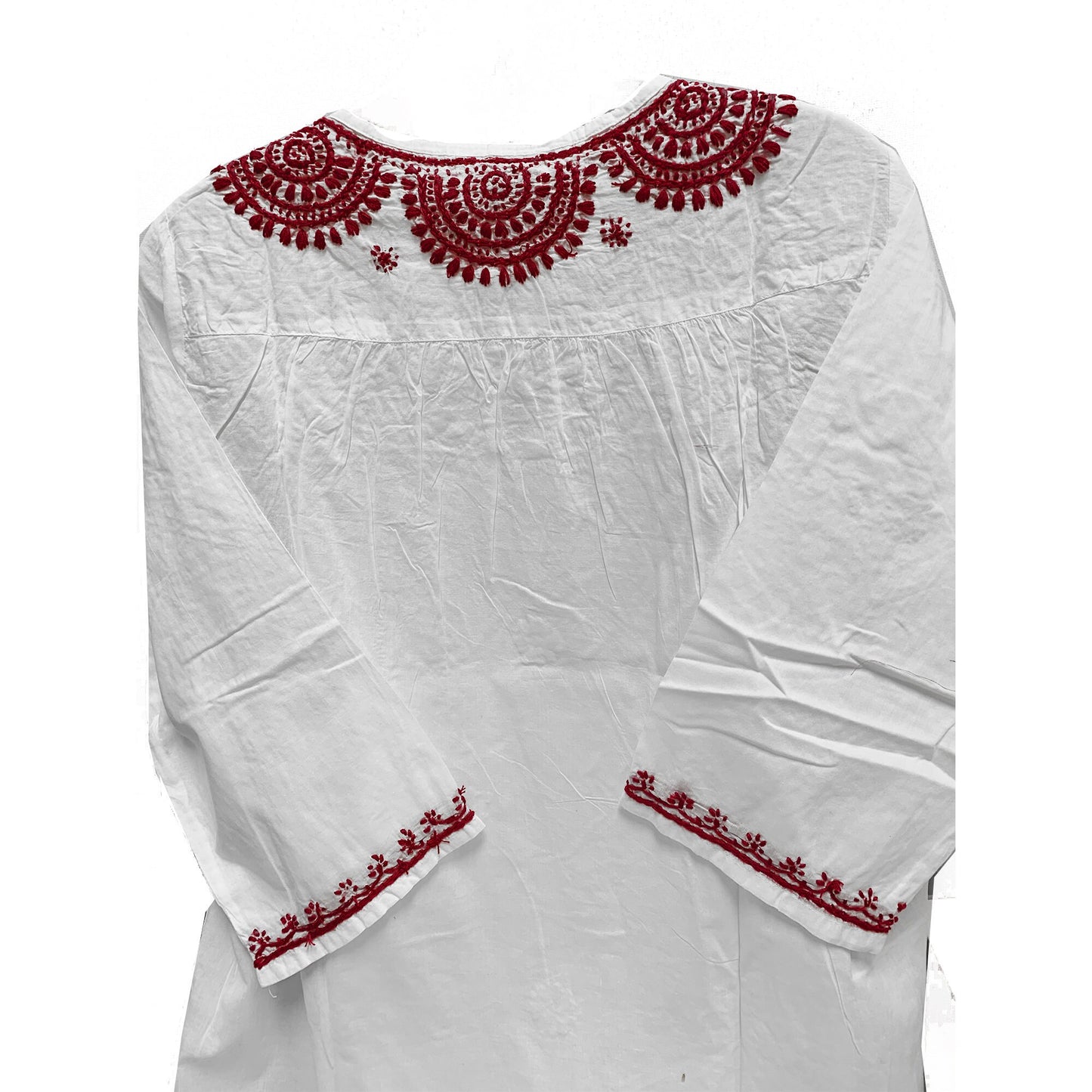 Hand Embroidered Ethnic India Pure Cotton 3/4" Sleeve Eyelet Boho 70s Tunic Blouse