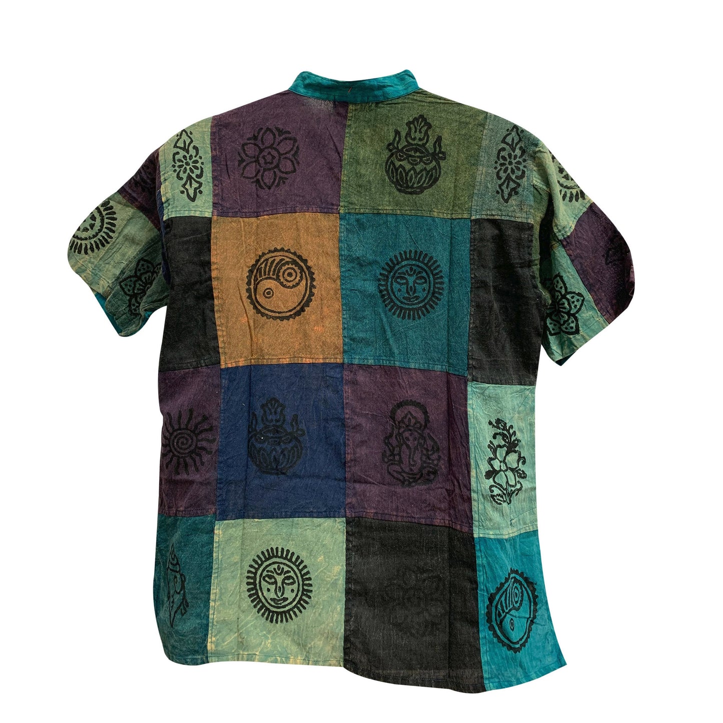 Men's Boho Stonewashed Cotton Ethnic Printed Patchwork Short Sleeve Kurta Shirt with Pockets