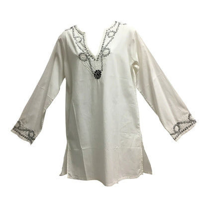 White Hand Embroidered Indian Ethnic Classic Cotton Split V neck Long Sleeve Long Tunic Blouse Top