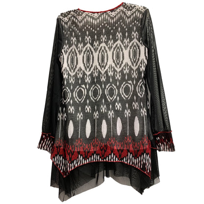 Womens Bohemian Geometric Print Long Sleeve Sharkbite Hem Black White and Red Long Tunic Blouse