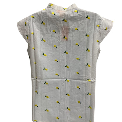 White Green Yellow Leaf Pattern Gauze Cotton Buttoned Up Short Sleeve Blouse Top