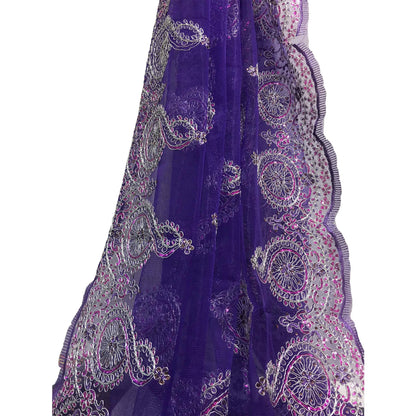 Purple Pink Silver Shimmering Net Embroidered Beaded Sheer Large Fabric