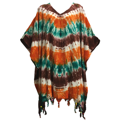 Boho Plus Size Tie-Dye Multi color Loose Fit Unisex Caftan Poncho Tunic Hippie Loose Fit Beach Kaftan Blouse Shirt