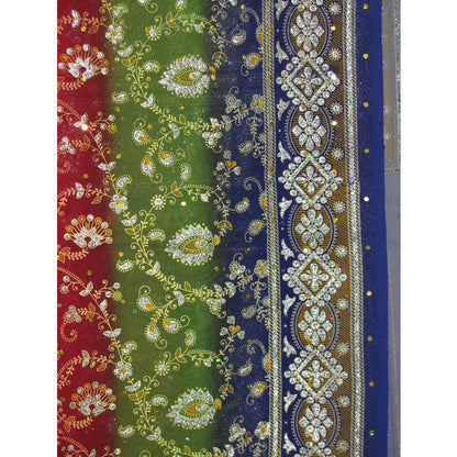 Red/Blue/Green Paisley Gold Foil Shimmering Art Indian Fabric Sari Saree