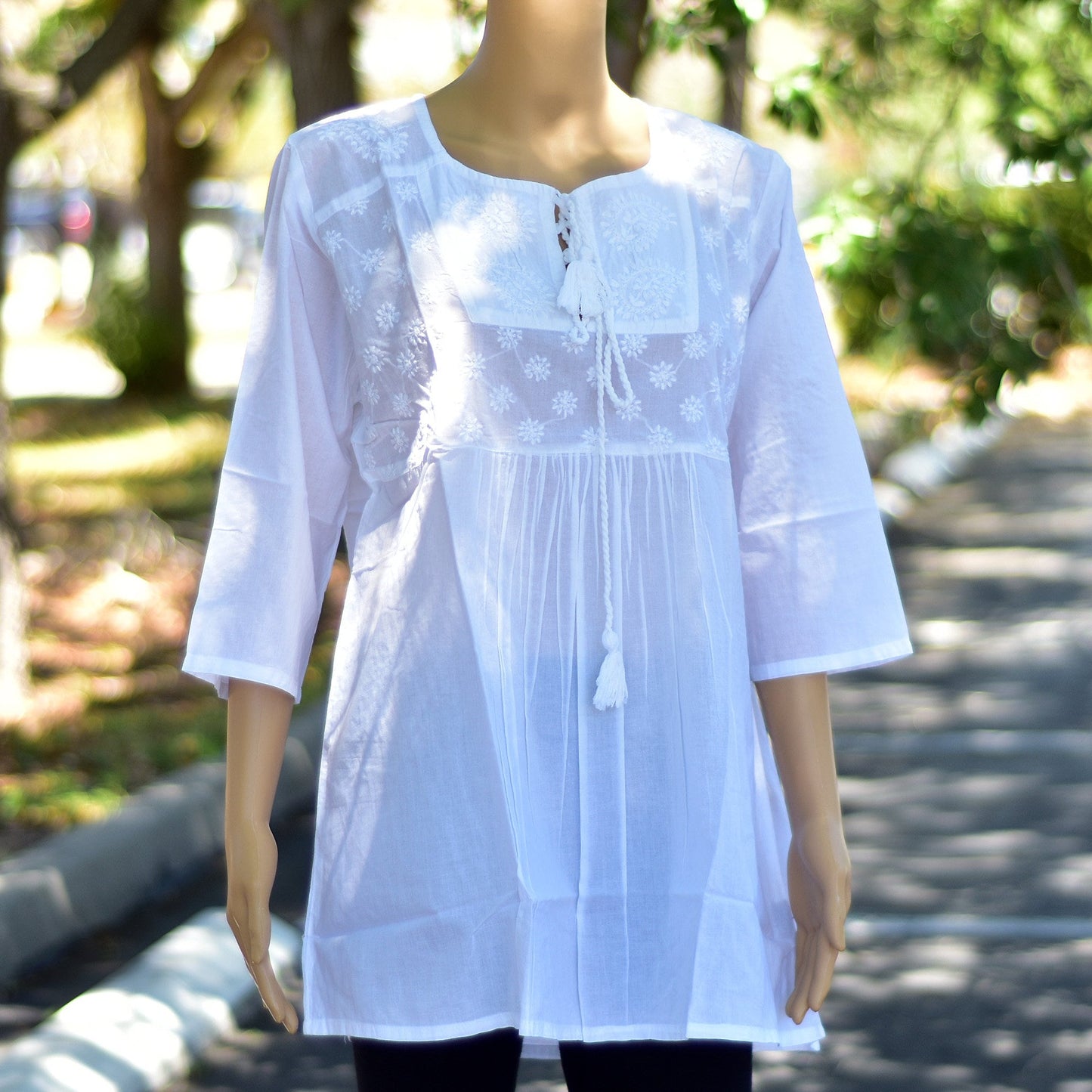 White Hand Embroidered Indian Cotton Peasant 3/4 Sleeve Blouse Tunic Top Boho white blouse