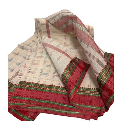 Vintage Hand Woven 100% Pure Cotton With Cream & Red Zari Border 5 1/2yd Fabric  Kalamkari Saree Sari