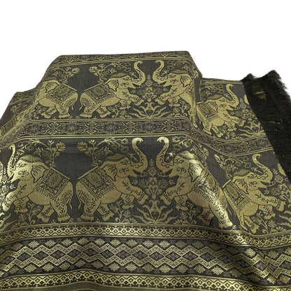 Indian Home Fashion Black and Gold Elephant Brocade Fringed Tapestry Throw Runner