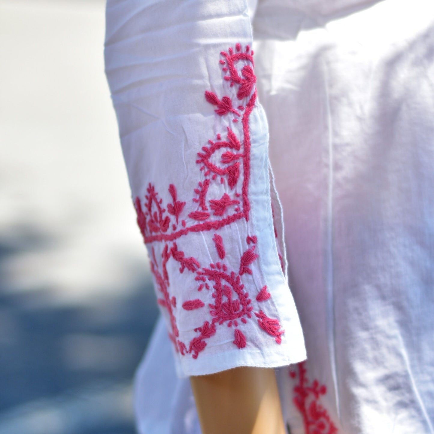 Indian Ethnic Hand Embroidered White Pure Cotton boho loose fit Tunic 3/4 Sleeve Blouse Richa Womens Plus Size Blouse