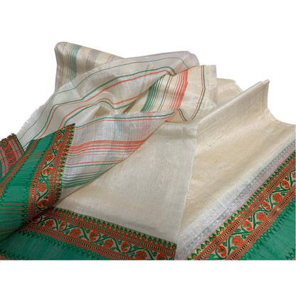 Vintage Hand Woven Cotton Silk With Cream & Green Zari Border 5 1/2yd Fabric Kalamkari Saree Sari