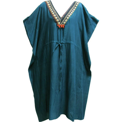 Boho Missy Plus Ethnic Border Handmade Pom-Pom Cotton Cover Up Long Caftan Dress