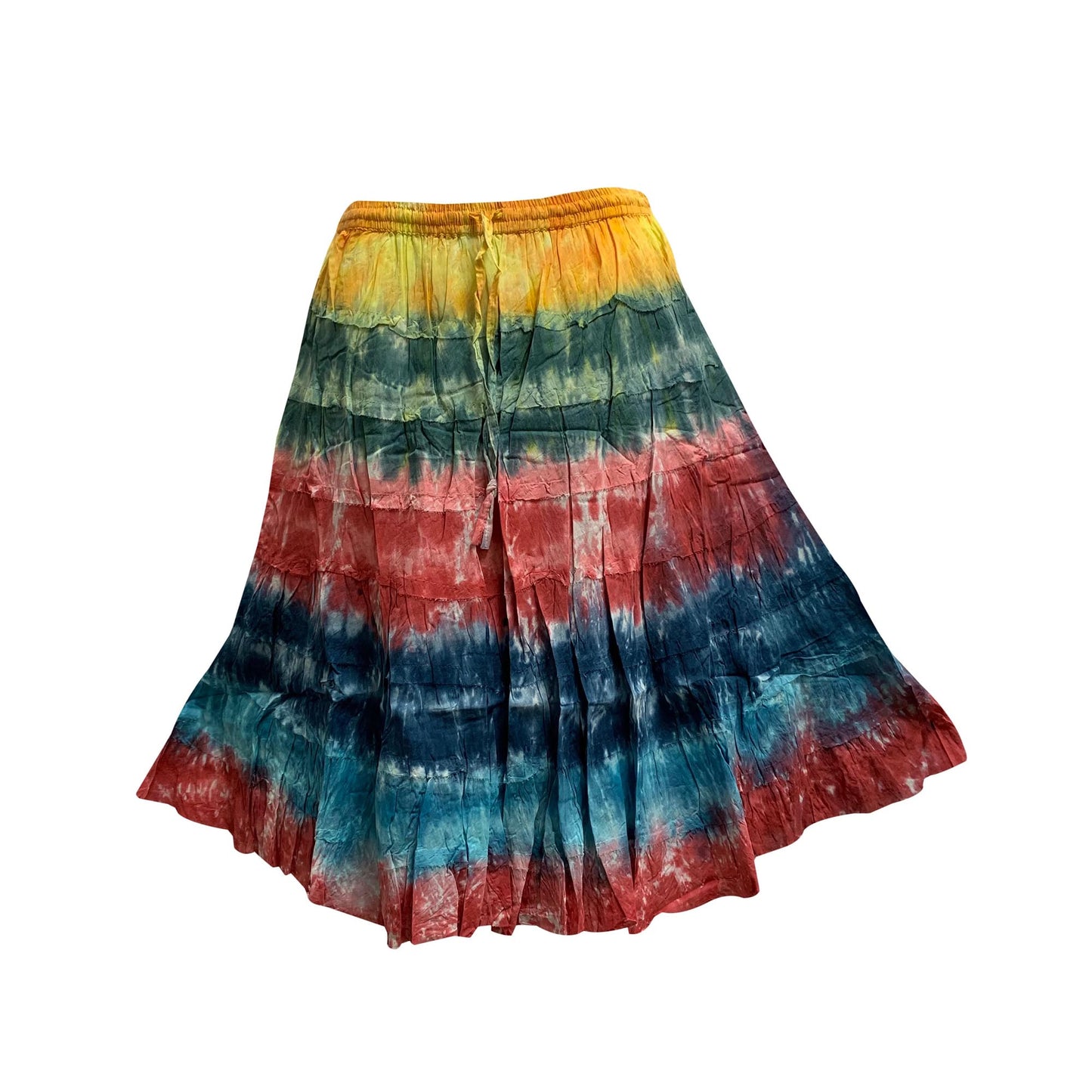 Bohemian Crinkled Gauze Cotton Mid Length Broomstick Skirt Ombre Tie Dye Mini skirt.Knee Length skit.