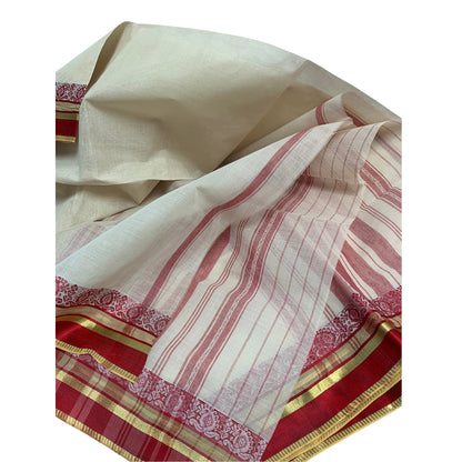 Vintage Hand Woven 100% Pure Cotton With Gold & Red Zari Border 5 1/2yd Fabric Kalamkari Saree Sari