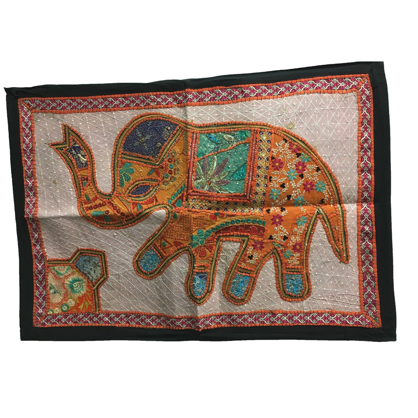 Handmade Indian Elephant Ethnic Vintage Hanging Wall Art Banjara Patchwork Tapestry with Embroidery (26" x 38")