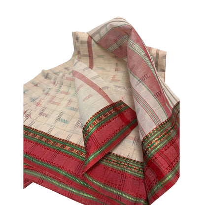 Vintage Hand Woven 100% Pure Cotton With Cream & Red Zari Border 5 1/2yd Fabric  Kalamkari Saree Sari