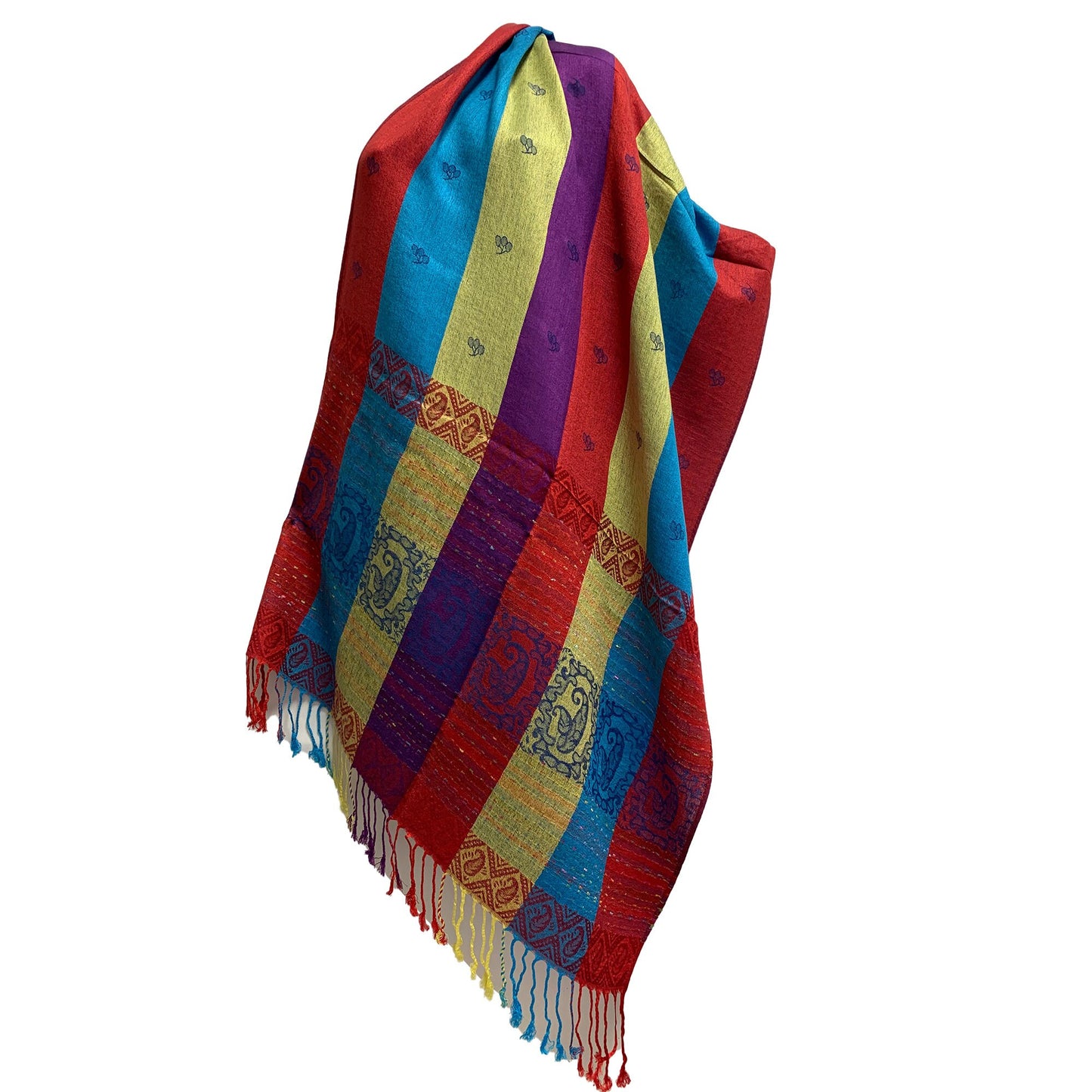 Bohemian Reversible Tribal Paisley Print Silk Fringed Pashmina Shawl Wrap Scarf