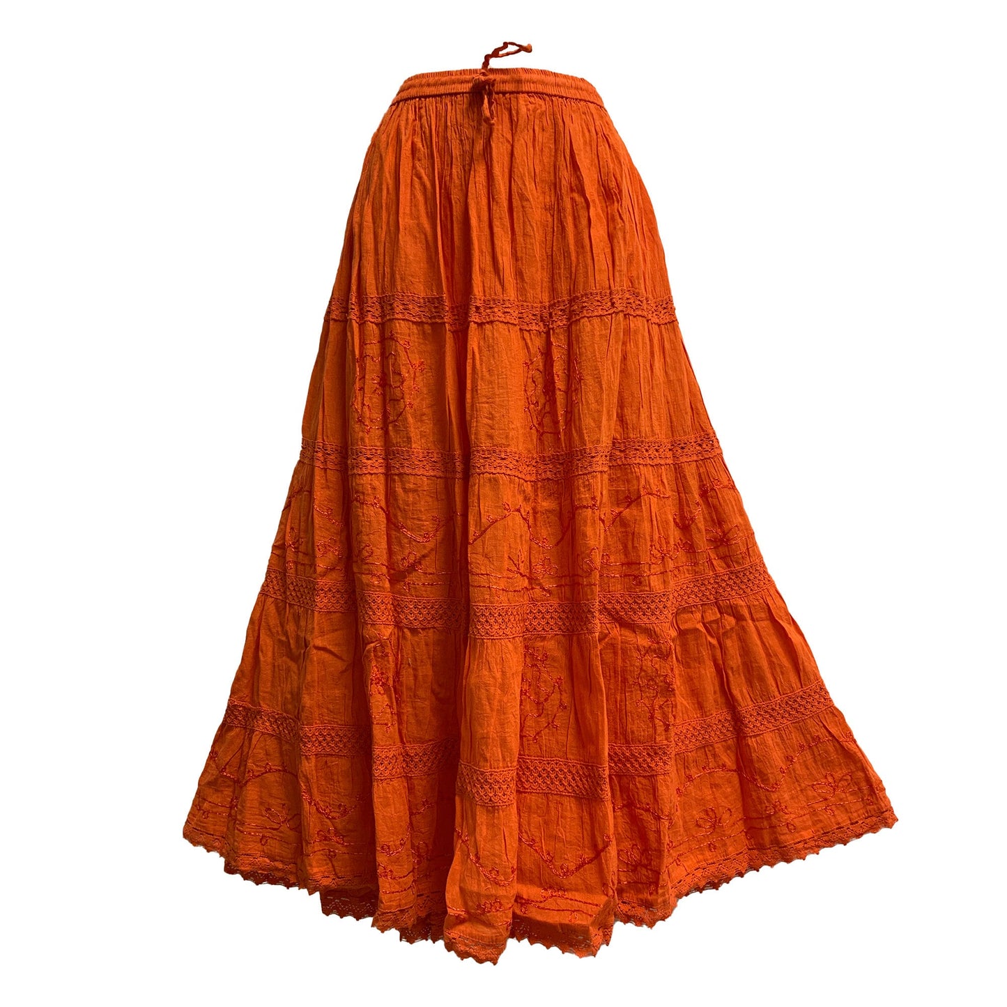 Womens Plus Size Three-Tier Bohemian Gauze Cotton Long Skirt Embroidered Skirt Boho solid color plain Maxi Skirt