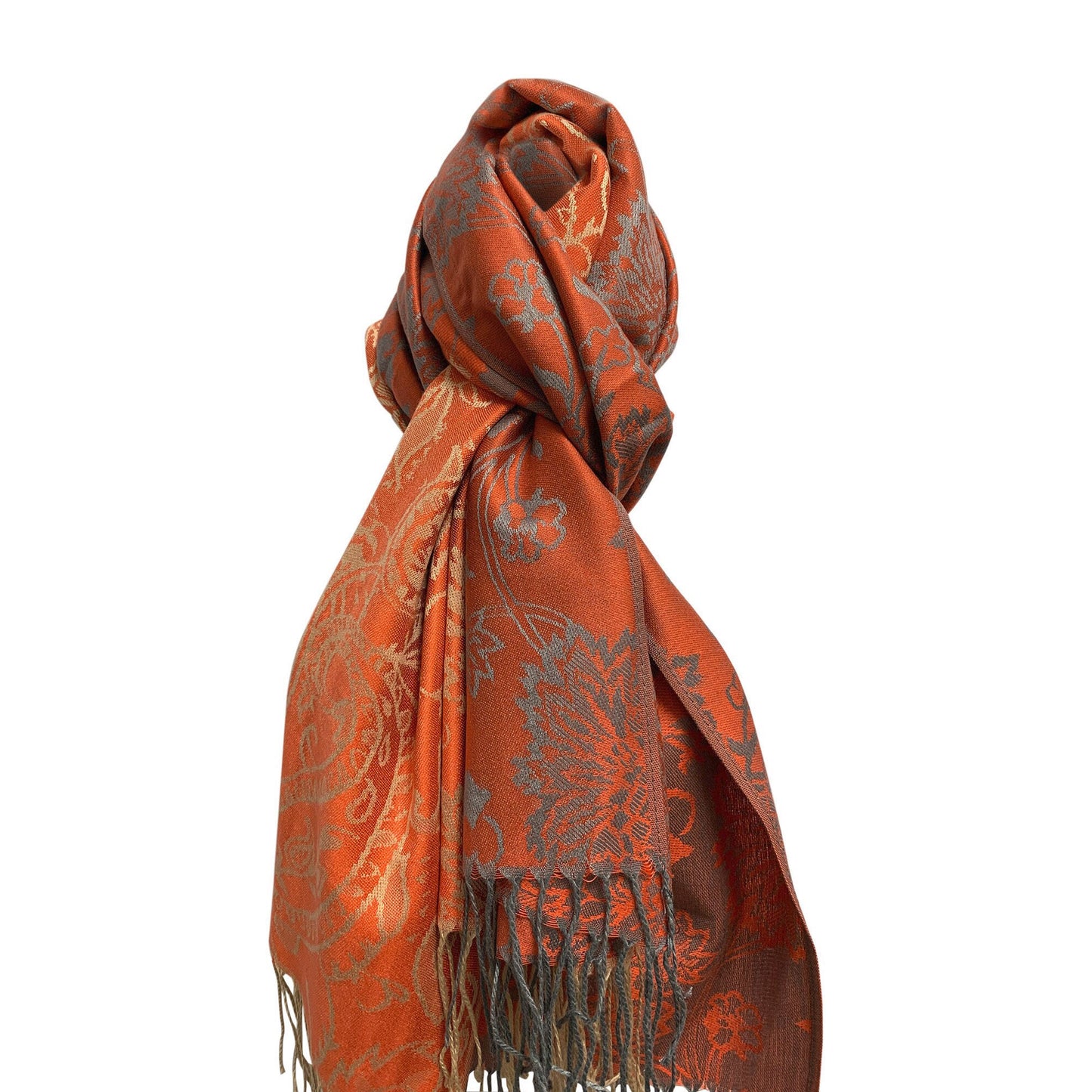 Luxurious Reversible Jacquard Silk Pashmina Two-Tone Paisley Floral Fringe Shawl