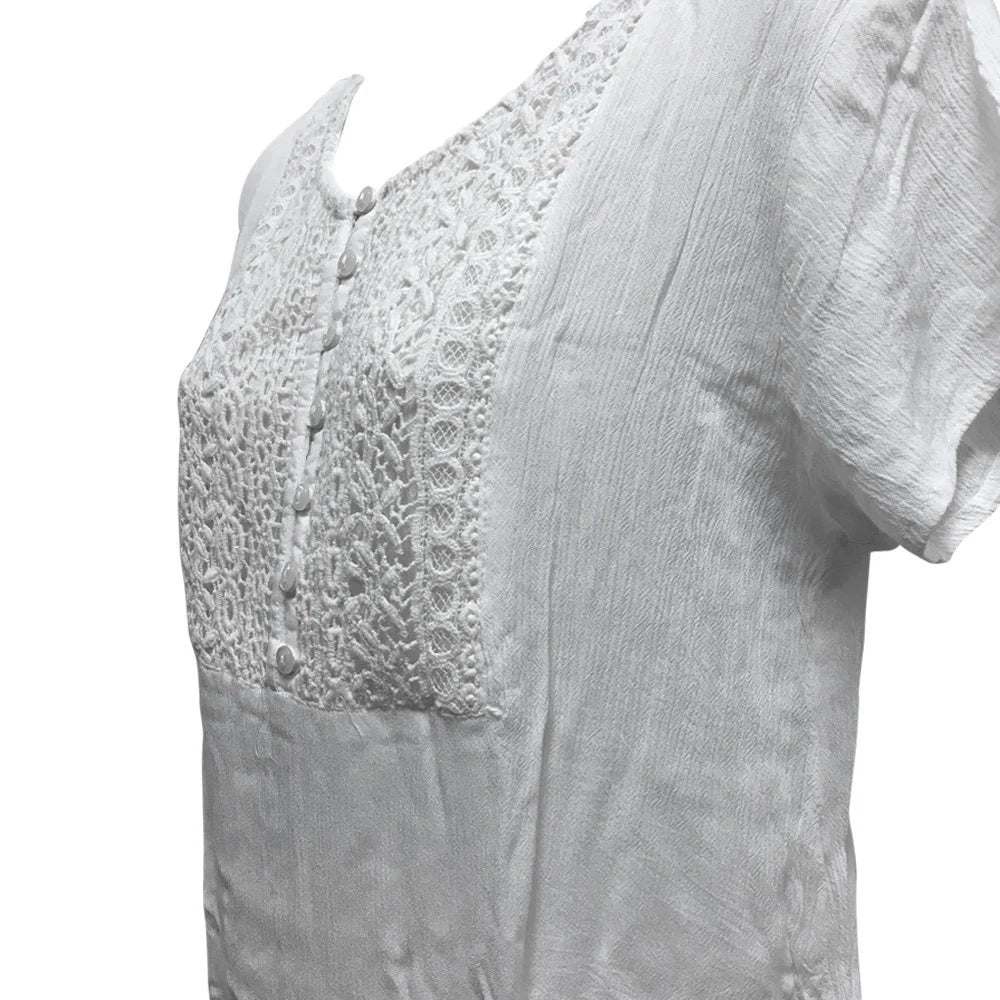 White Crinkled Gauze Lace Vintage Short Sleeve Blouse Top