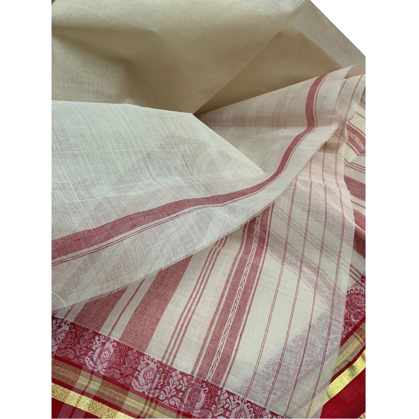 Vintage Hand Woven 100% Pure Cotton With Gold & Red Zari Border 5 1/2yd Fabric Kalamkari Saree Sari