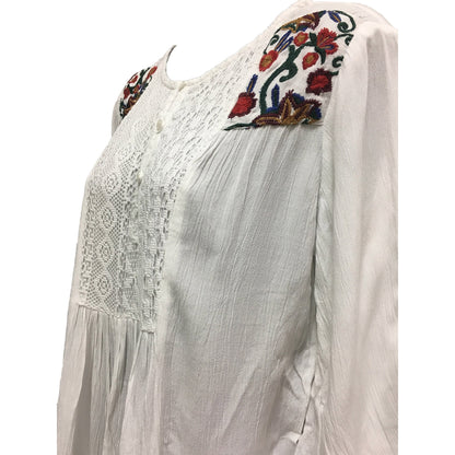 White Crinkled Gauze Seventies Vintage Embroidery 3/4 Sleeve Peasant Lace Boho Blouse Top