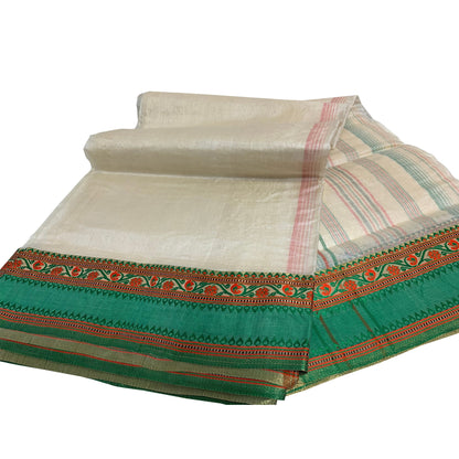 Vintage Hand Woven Cotton Silk With Cream & Green Zari Border 5 1/2yd Fabric Kalamkari Saree Sari